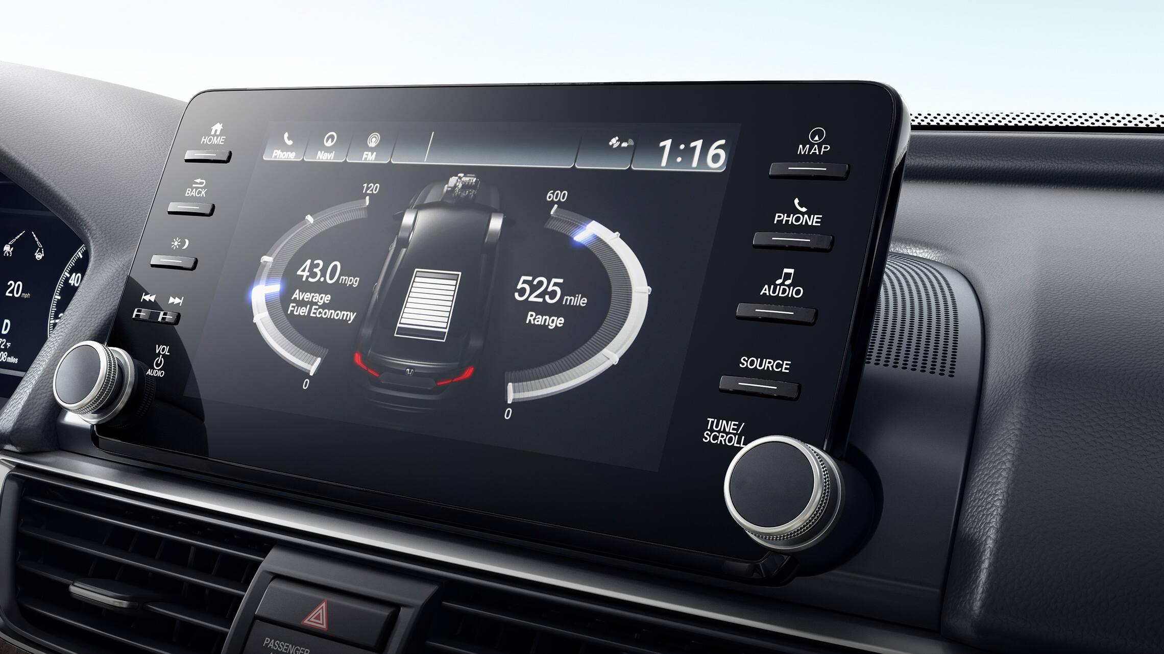 Display Audio touch-screen detail displaying hybrid power flow in the 2021 Honda Accord Hybrid Touring.